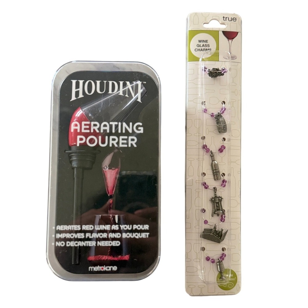 LOT of 2 Houdini Aerating Pourer & True Wine Glass Charms Set Red Wine New